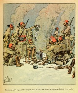 El Ejército del Este de Eugene Sergeant, conocido como Grenest, ilustrado por Louis Bombled (1862-1927) (Guerra Franco-Prusiana; campaña de 1870-1871): Enero de 1871, los turcos del 1er regimiento acampan en la nieve, con blusas y pantalones de lona y desc de Louis Charles Bombled
