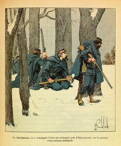 El Ejército del Este de Eugene Sergeant, conocido como Grenest, ilustrado por Louis Bombled (1862-1927) (Guerra Franco-Prusiana; campaña de 1870-1871): Enero de 1871, un destacamento de la Compañía Viette fue emboscado cerca de Herimoncourt, en el paso de  de Louis Charles Bombled