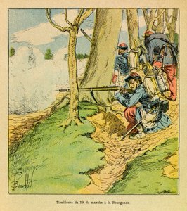 El Ejército del Este de Eugene Sergeant, conocido como Grenest, ilustrado por Louis Bombled (1862-1927) (Guerra Franco-Prusiana; campaña de 1870-1871): Bajo las órdenes del General Dupré, un zapatero del 32º marcha en la Batalla de La Bourgonce en octubre  de Louis Charles Bombled
