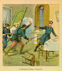 El Ejército del Este de Eugene Sergeant, conocido como Grenest, ilustrado por Louis Bombled (1862-1927) (Guerra Franco-Prusiana; campaña de 1870-1871): Un oficial prusiano tomado prisionero por motivos franceses en Vaucouleurs, colección privada de Louis Charles Bombled