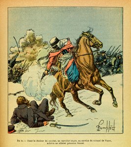 El Ejército del Este de Eugene Sergeant, conocido como Grenest, ilustrado por Louis Bombled (1862-1927) (Guerra Franco-Prusiana; campaña de 1870-1871): Enero de 1871, un jinete negro al servicio del Coronel De Vezet completa a un oficial prusiano herido, C de Louis Charles Bombled