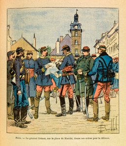 El Ejército del Este de Eugene Sergeant, conocido como Grenest, ilustrado por Louis Bombled (1862-1927): Batalla de Nuits Saint Georges; el General Cremer en la Plaza de la Marcha da sus órdenes para la defensa, diciembre de 1870, Colección Privada de Louis Charles Bombled