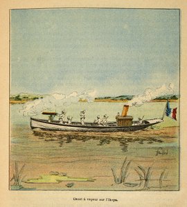 La Guerra en Madagascar-Historia Anecdótica de las Expediciones Francesas de 1885-1895 por Henri Galli dit Galllichet (1854-1922), ilustrado por Louis Bombled (1862-1927): Cañonera Francesa en el Río Ikopa en Madagascar en 1895, Colección Privada de Louis Charles Bombled