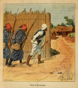 La Guerra en Madagascar-Historia Anecdótica de las Expediciones Francesas de 1885-1895 por Henri Galli dit Galllichet (1854-1922), ilustrado por Louis Bombled (1862-1927): Tropas francesas entraron en el pueblo de Mevatanana en 1895, Colección Privada de Louis Charles Bombled