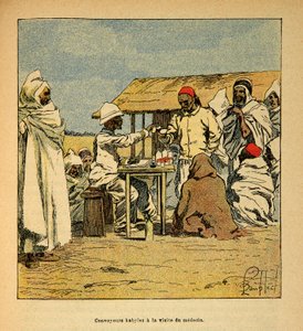 La Guerra en Madagascar-Historia Anecdótica de las Expediciones Francesas de 1885-1895 por Henri Galli dit Galllichet (1854-1922), ilustrado por Louis Bombled (1862-1927): Convoyeurs Kabiles en visita de un médico militar, Colección Privada de Louis Charles Bombled