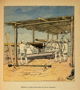 La Guerra en Madagascar-Historia anecdótica de las expediciones francesas de 1885-1895 por Henri Galli, ilustrada por Louis Bombled (1862-1927): Tambores de 14 piezas en el Fuerte de Tamatave en 1895, Colección Privada de Louis Charles Bombled