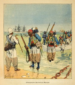 La Guerra en Madagascar - Historia anecdótica de las expediciones francesas de 1885-1895 por Henri Galli, ilustrado por Louis Bombled: Desembarco de los Turcos en Majunga de Louis Charles Bombled