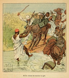 La Guerra en Madagascar-Historia Anecdótica de las Expediciones Francesas de 1885-1895: Mulos negándose a cruzar un vado durante la expedición francesa a Madagascar en 1895 de Louis Charles Bombled