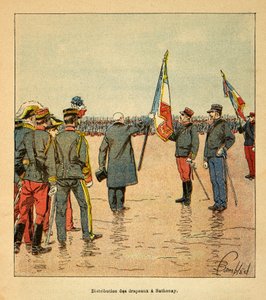 La Guerra en Madagascar-Historia Anecdótica de las Expediciones Francesas de 1885-1895: Distribución de banderas en Sathonay a las tropas que partían hacia Madagascar en 1895