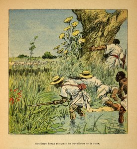 La guerra en Madagascar-Historia anecdótica de las expediciones francesas de 1885-1895 por Henri Galli, ilustrada por Louis Bombled: Tiradores Hovas atacando a los militares construyendo una carretera en 1895 de Louis Charles Bombled