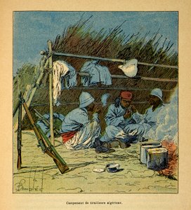 La Guerra en Madagascar-Historia Anecdótica de las Expediciones Francesas de 1885-1895 por Henri Galli, ilustrado por Louis Bombled: Campamento de argelinos en Madagascar en 1895, Colección Privada de Louis Charles Bombled