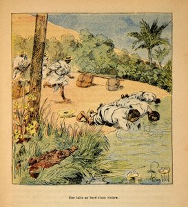 La Guerra en Madagascar-Historia Anecdótica de las Expediciones Francesas de 1885-1895 por Henri Galli, ilustrado por Louis Bombled: Una parada junto al río en 1895, Colección Privada de Louis Charles Bombled