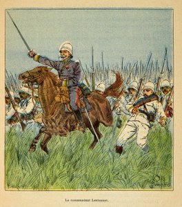 La Guerra en Madagascar-Historia Anecdótica de las Expediciones Francesas de 1885-1895 por Henri Galli, ilustrado por Louis Bombled: El Comandante Lentonnet con las tropas francesas durante la defensa de Tsarasaotra