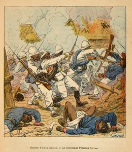 La Guerra en Madagascar-Historia Anecdótica de las Expediciones Francesas de 1885-1895 por Henri Galli, ilustrado por Louis Bombled: El Teniente Foreston herido durante las batallas de Ambolomonty en 1895, Colección Privada de Louis Charles Bombled