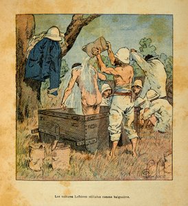 La guerra en Madagascar-Historia anecdótica de las expediciones francesas de 1885-1895 por Henri Galli, ilustrado por Louis Bombled: Los coches Lefebvre usados como bañera por los soldados en 1895 en Madagascar, Colección privada de Louis Charles Bombled