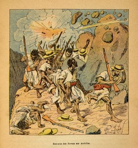 La guerra en Madagascar-Historia anecdótica de las expediciones francesas de 1885-1895 por Henri Galli, ilustrado por Louis Bombled: Retirada de los Hovas en Andriba, Colección privada