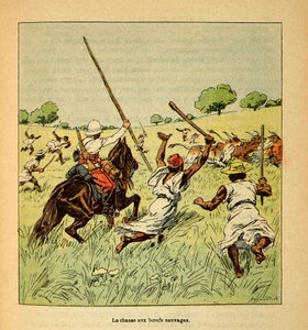 La guerra en Madagascar-Historia anecdótica de las expediciones francesas de 1885-1895 por Henri Galli, ilustrado por Louis Bombled: La caza de bueyes salvajes en Madagascar en 1895, Colección privada de Louis Charles Bombled