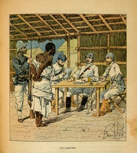La guerra en Madagascar-Historia anecdótica de las expediciones francesas de 1885-1895 por Henri Galli, ilustrado por Louis Bombled: Interrogatorio de un prisionero Hovas por los franceses, Colección privada de Louis Charles Bombled