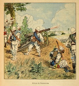 La guerra en Madagascar-Historia anecdótica de las expediciones francesas de 1885-1895 por Henri Galli, ilustrado por Louis Bombled: Defensa de Tsarasaotra en 1895, Colección privada de Louis Charles Bombled