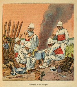 La guerra en Madagascar-Historia anecdótica de las expediciones francesas de 1885-1895 por Henri Galli, ilustrado por Louis Bombled: Un vivac del 200º de línea en Madagascar en 1895, Colección privada de Louis Charles Bombled