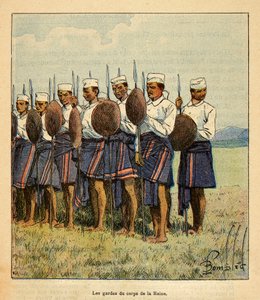 La guerra en Madagascar-Historia anecdótica de las expediciones francesas de 1885-1895 por Henri Galli, ilustrado por Louis Bombled: Guardias de la reina Ranavalona, Colección privada de Louis Charles Bombled