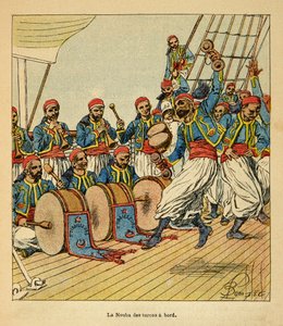 La Guerra en Madagascar-Historia Anecdótica de las Expediciones Francesas de 1885-1895 por Henri Galli dit Galllichet (1854-1922), ilustrado por Louis Bombled (1862-1927): La nouba de los turcos a bordo del barco navegando hacia Madagascar, Colección Priva de Louis Charles Bombled
