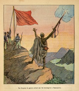 La Guerra en Madagascar-Historia Anecdótica de las Expediciones Francesas de 1885-1895 por Henri Galli dit Galllichet (1854-1922), ilustrado por Louis Bombled (1862-1927): La bandera roja de guerra malgache plantada en las montañas de Tananarive, Colección de Louis Charles Bombled