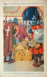 El descubrimiento del cuerpo momificado del emperador Justiniano (483-565) durante la toma de Constantinopla por los cruzados en 1204, ilustración de "Histoire de France" de Jules Michelet (1798-1874) c.1900 (litografía en color) de Louis Charles Bombled