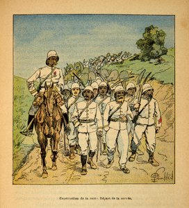 La guerra en Madagascar-Historia anecdótica de las expediciones francesas de 1885-1895 por Henri Galli, ilustrada por Louis Bombled: Construcción de una carretera en Madagascar, inicio de la corvée