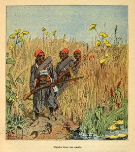 La guerra en Madagascar-Historia anecdótica de las expediciones francesas de 1885-1895 por Henri Galli, ilustrado por Louis Bombled: Tropas francesas en expedición en los pantanos de Madagascar en 1895, Colección Privada