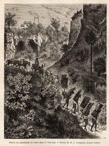 Un convoy de comerciantes y sus porteadores en ruta a Yunnan (China), grabado según el dibujo de L.Delaporte, para ilustrar el viaje de exploración en Indochina por Francis Garnier, teniente de navío, en 1866-1868, publicado en "Le tour du monde" 1874, edi de Louis Delaporte