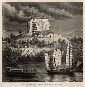 Una roca con pagodas y varios barcos en el río azul (China), grabado según el dibujo de L. Delaporte, para ilustrar el viaje de exploración en Indochina por Francis Garnier, teniente de barco, en 1866-1868, publicado en "Le tour du monde" de Louis Delaporte