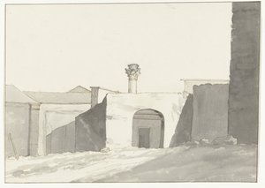La historia antigua y los edificios en el puerto de Brindisi
Una vista lejana de la Columna de la Antigüedad [en el puerto de Brindisi].
Viaje a Italia, Sicilia y Malta - 1778 (título de la serie) de Louis Ducros