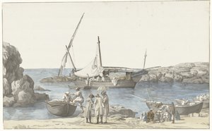 Vista de Taranto y del refugio de Luogo Vivo
Vista de nuestro barco Taranto y el puerto del número anterior tomada desde tierra (título en el objeto)
Voyage en Italie, en Sicile et à Malte- 1778 (título de la serie) de Louis Ducros
