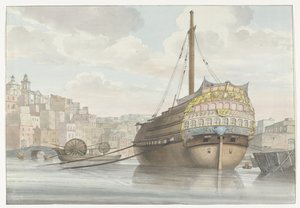 Vista de la playa con una vista panorámica de la ciudad
Vista del fondo del Port des Galères en Malthe, tomada desde el astillero (título en el objeto)
Voyage en Italie, en Sicile et à Malte - 1778 (título de la serie) de Louis Ducros