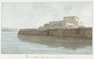 Vista del castillo de Brucoli, "La Bruca".
Vista del Castello della Brucca desde el suelo (título en el objeto)
Viaje a Italia, Sicilia y Malta - 1778 (título de la serie) de Louis Ducros