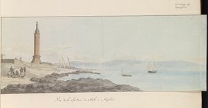 Vista del faro cerca del muelle en Nápoles
Vue de la Lanterne du Mole à Naples (título en el objeto)
Voyage en Italie, en Sicile et à Malte - 1778 (título de la serie) de Louis Ducros