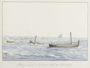Pescadores de coral en la costa de Sicilia frente a Terra Nuova
Pêche du corail sur les côtes de Sicile vers Terra Nuova (título en el objeto)
Voyage en Italie, en Sicile et à Malte - 1778 (título de la serie) de Louis Ducros
