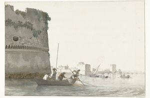 Mosselvissers op Mare Piccolo bij de vestingwerken van Taranto
Pescando mejillones en el Mare Piccolo de Taranto visto desde la esquina de la Ciudadela (título en el objeto)
Voyage en Italie, en Sicile et à Malte - 1778 (título de la serie) de Louis Ducros