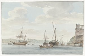 El jardín del Gran Maestre se encuentra en el puerto con vistas al mar en Malta.
Pabellón del Jardín del Gran Maestre, frente al puerto de las Galeras en Malta (título en el objeto)
Voyage en Italie, en Sicile et à Malte - 1778 (título de la serie) de Louis Ducros