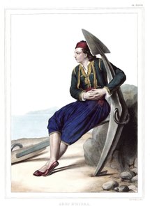 Griego de Hidra en "Viaje a Atenas y Constantinopla, o colección de retratos griegos y otomanos, vistas y trajes, pintados en lugares de la naturaleza, litografías y colores por Louis Dupre (1789-1837), alumno de David. 1825"