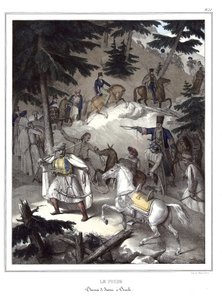 El Pindo, travesía de Janina a Trikala en "Viaje a Atenas y Constantinopla, o colección de retratos griegos y otomanos, vistas y trajes, pintados en lugares de la naturaleza, litografías y colores por Louis Dupre (1789-1837), alumno de David. 1825" de Louis Dupré