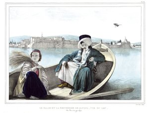 El palacio y la fortaleza de Janina, vista desde el lago. Un turco y un joven griego. en “Viaje a Atenas y Constantinopla, o colección de retratos griegos y otomanos, vistas y trajes, pintados en lugares después de la naturaleza, litografiados y coloreados de Louis Dupré