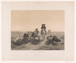 Granjero y pastor con vacas y ovejas camino al mercado. En route pour le marché (título sobre el objeto) de Louis Emmanuel Soulange Teissier