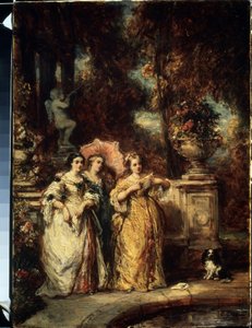 ""La promenade"" (El paseo) Tres chicas jóvenes de buena familia en un parque. Pintura de Louis Gabriel Eugene Isabey (1803-1886) 1852 Museo Pushkin, Moscú de Louis Eugene Gabriel Isabey