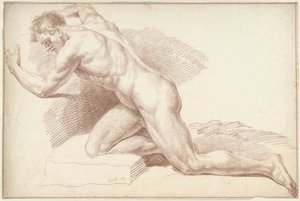 Hombre desnudo, arrodillado, mirando a la izquierda