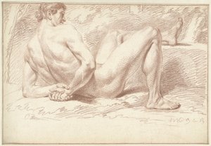 Hombre desnudo, tumbado, con los brazos en la espalda