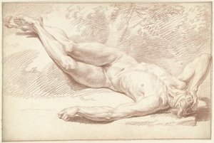 Hombre desnudo, acostado de espaldas, a la derecha