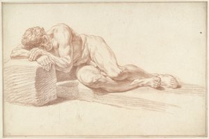 Hombre desnudo, tumbado de lado, mirando a la izquierda
