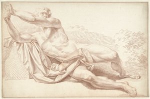 Hombre desnudo, tumbado de lado, mirando a la izquierda